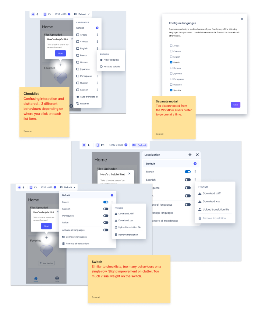 UI iterations for language activation